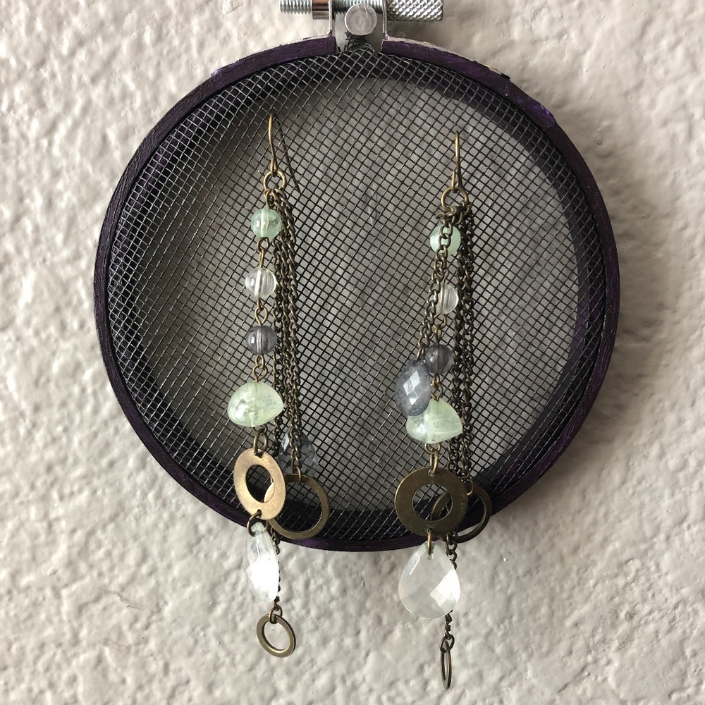 Long Bronze Chain & Green Beaded Earrings